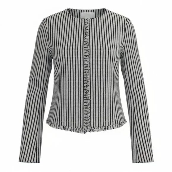 Hugo Boss Komina Black & White Striped Cropped Jacket Frayed Hem Jacket - Picture 3 of 7